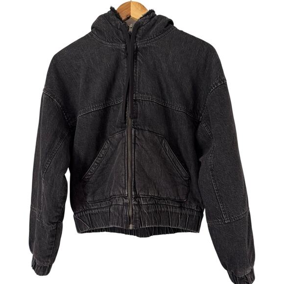 American Eagle Black Denim Sherpa Lined Bomber Jacket Women’s Size Small - Picture 1 of 7